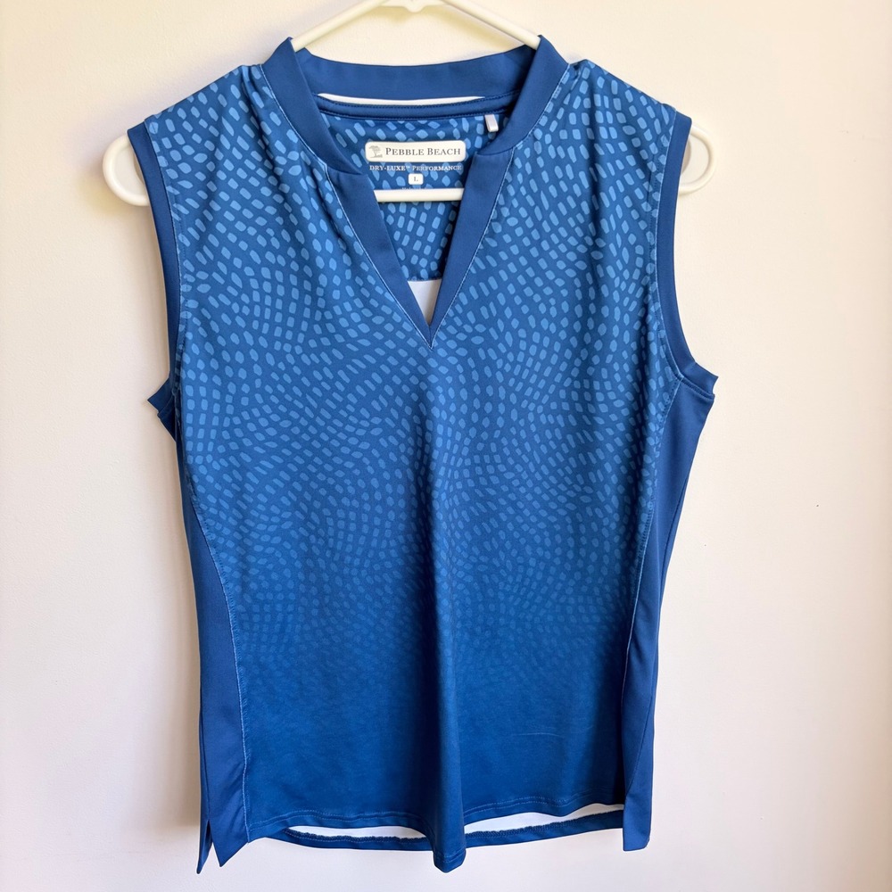 Pebble Beach Sleeveless Top Large Sporty Blue Dot Dry-Luxe Performance V-Neck
